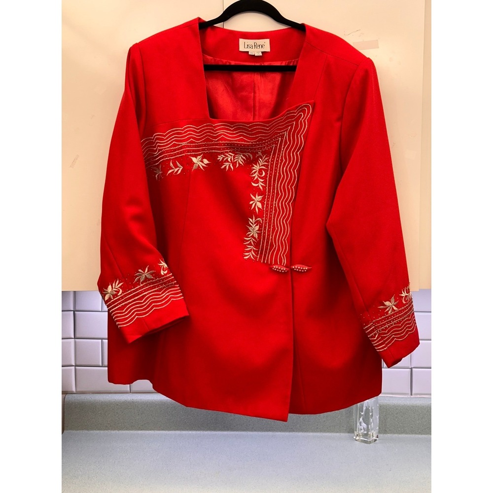 Lisa Rene 24W Red Church Jacket Silver Embroidery Bugle Bead NWOT Plus Size